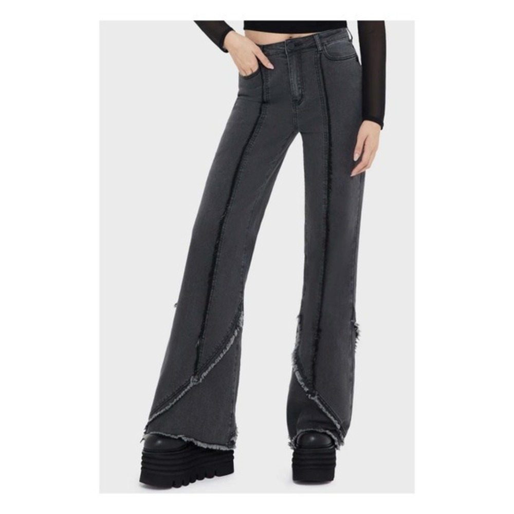 Killstar Infernums Curse  Grey Raw Edge Seam Flare Jeans Washed Distressed Denim